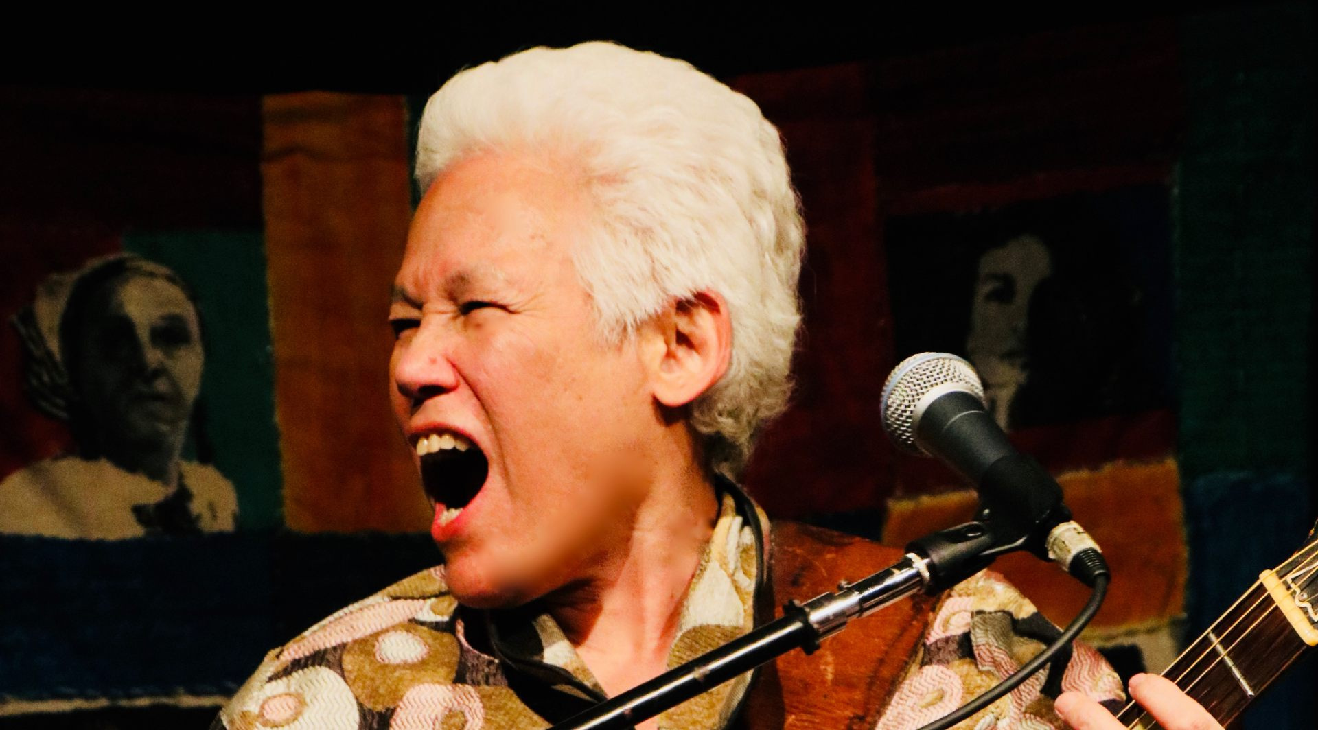 June Millington singing in studio, 2020
